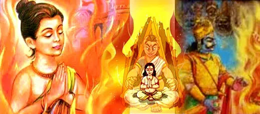 Illustration depicting the Holika and Prahlad story, symbolizing devotion and the triumph of good over evil.