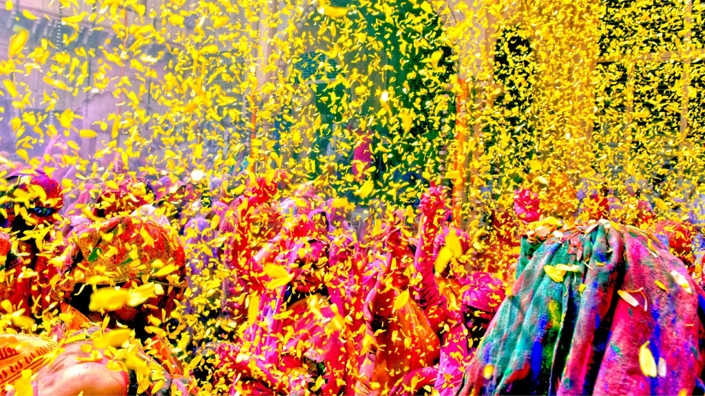 Colorful flowers scattered during Phoolon Ki Holi celebration, symbolizing joy and cultural heritage.