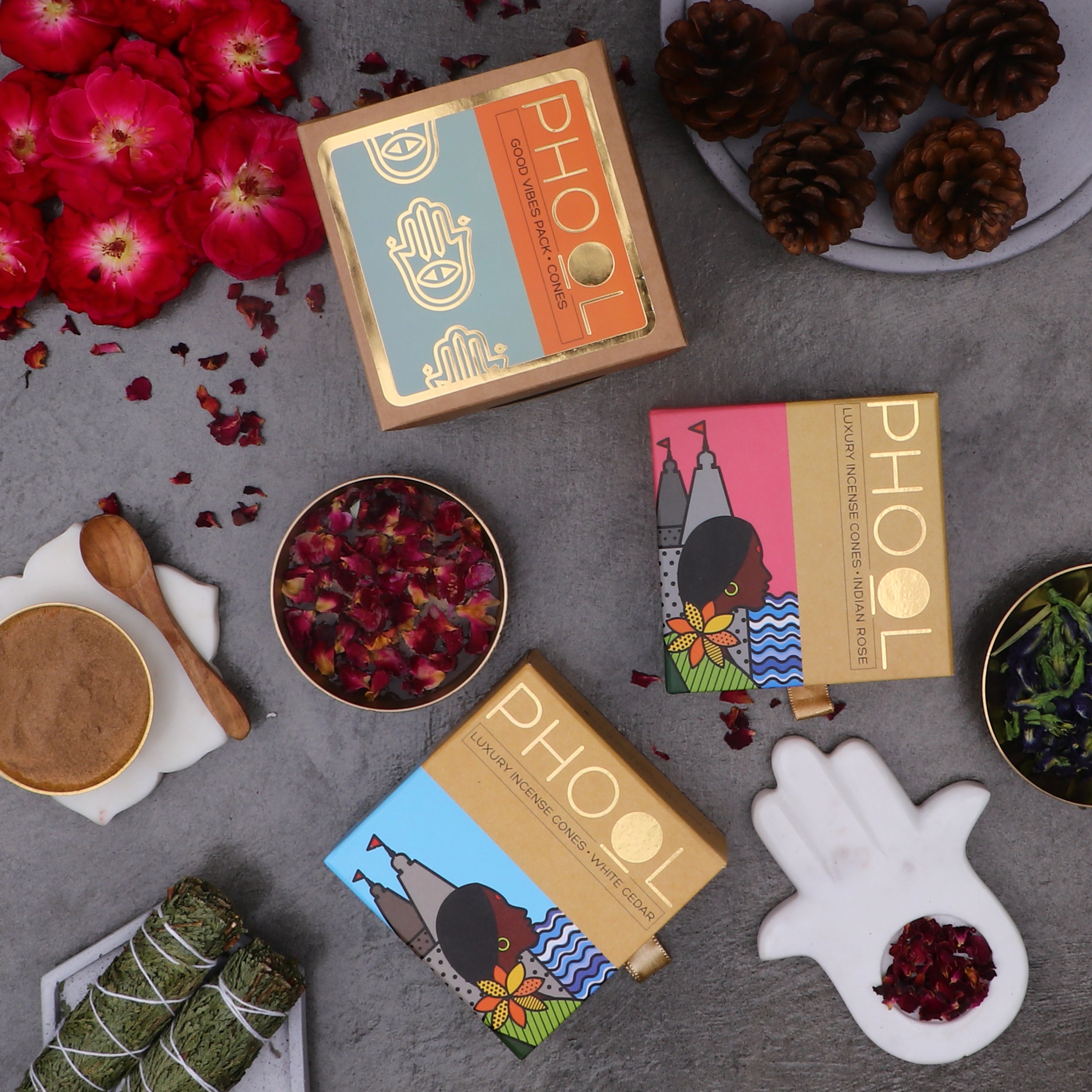 Phool Goodvibes Pack - Natural Incense Cones (Indian Rose & White Cedar)
